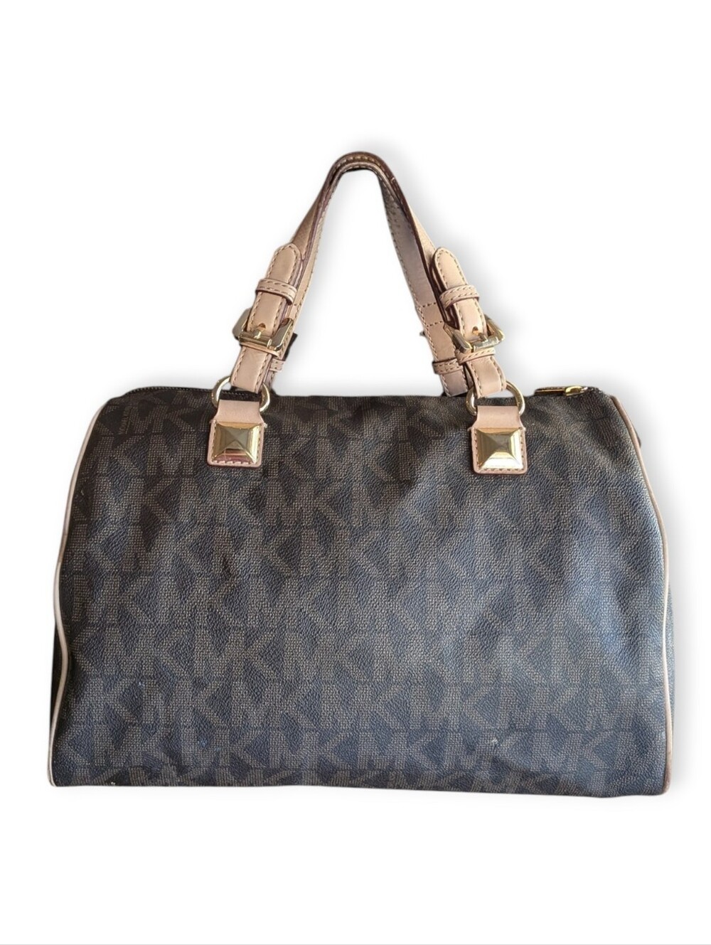 Michael Kors Grayson Duffle Brown Medium Signature Logo Canvas Leather Trim Bag